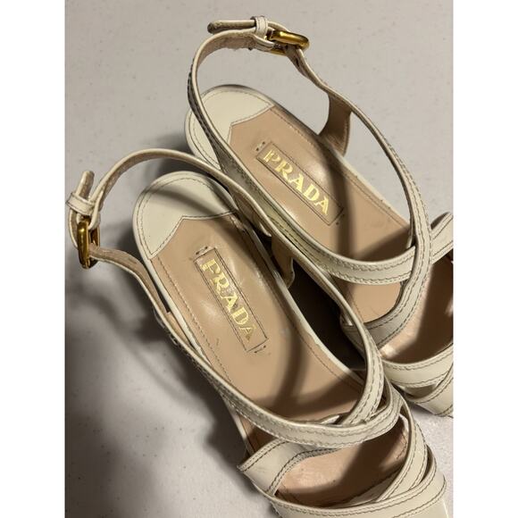 Prada Wedge Sandals 38 Beige Brown Wooden Leather Wedge Platform Slingback - Picture 4 of 12